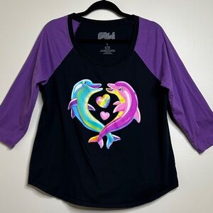 Lisa Frank Torrid Black Purple Dolphin Graphic 3/4 Sleeve Baseball Tee Size 1